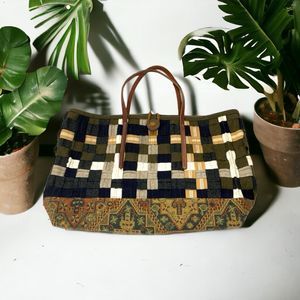 2N From Carol Frechette Large Tote Bag Boho Woven Wool Tapestry Brown Leather
